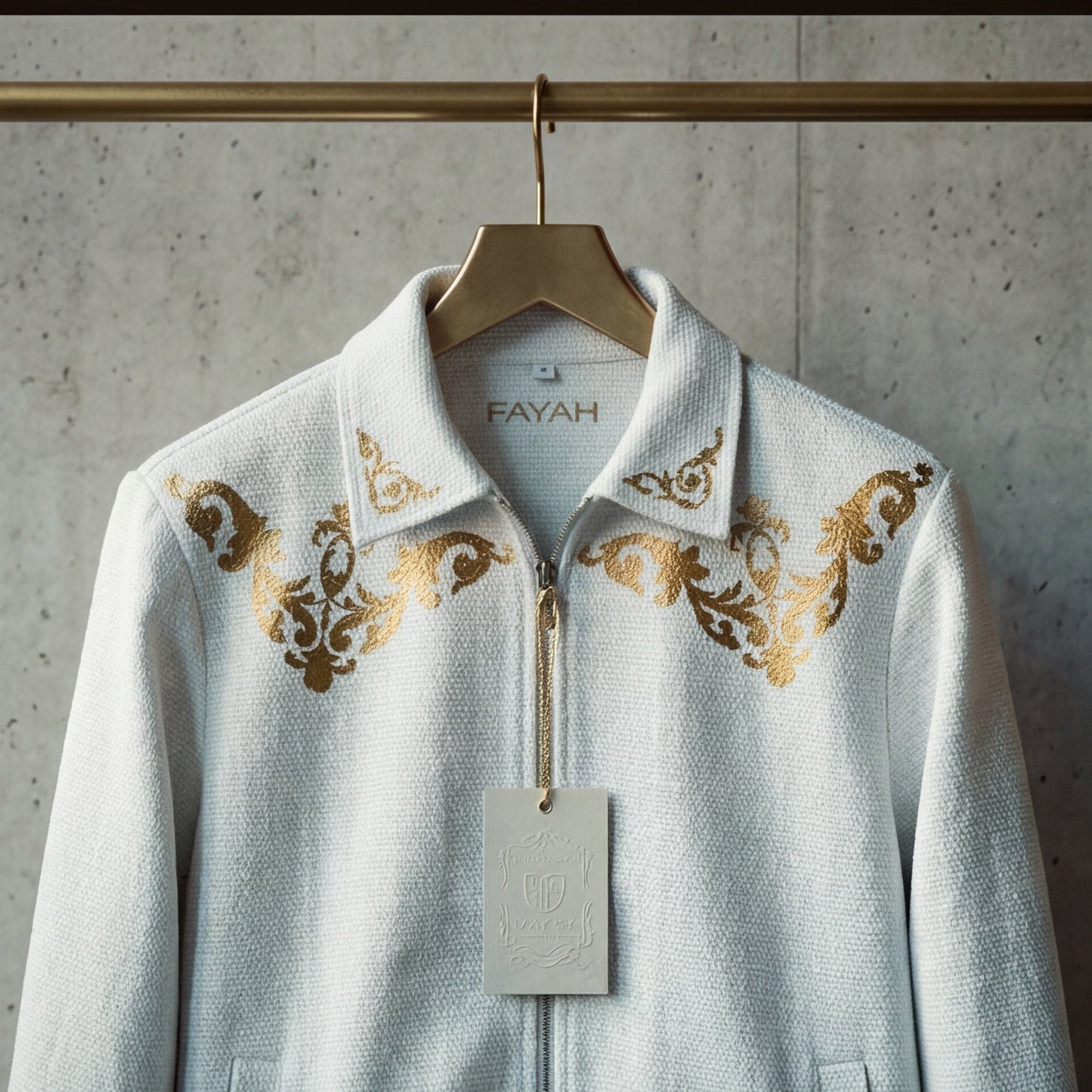 White embroidered shirts with gold designs on a marble surface and wooden background.