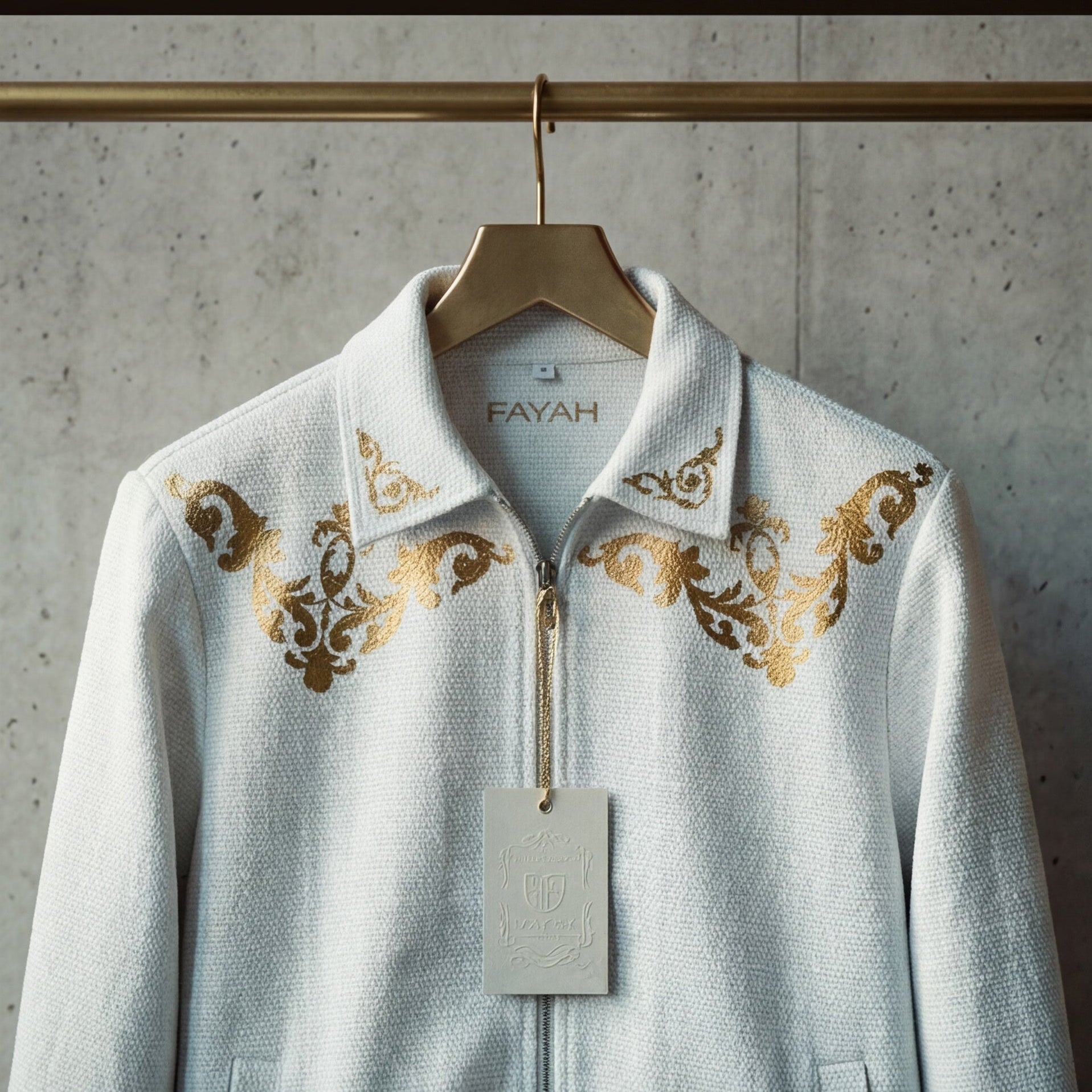 White embroidered shirts with gold designs on a marble surface and wooden background.