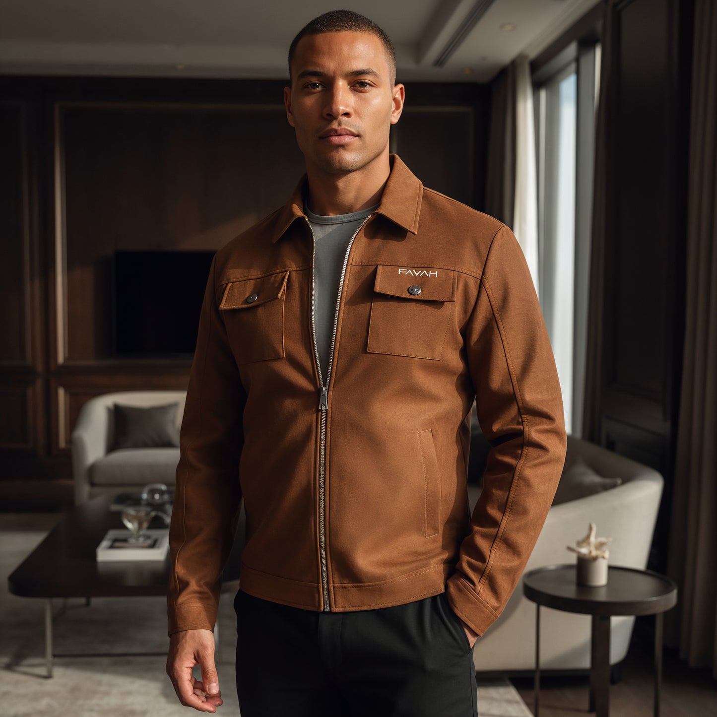 STRETCH SUEDE JACKET CAMEL BROWN