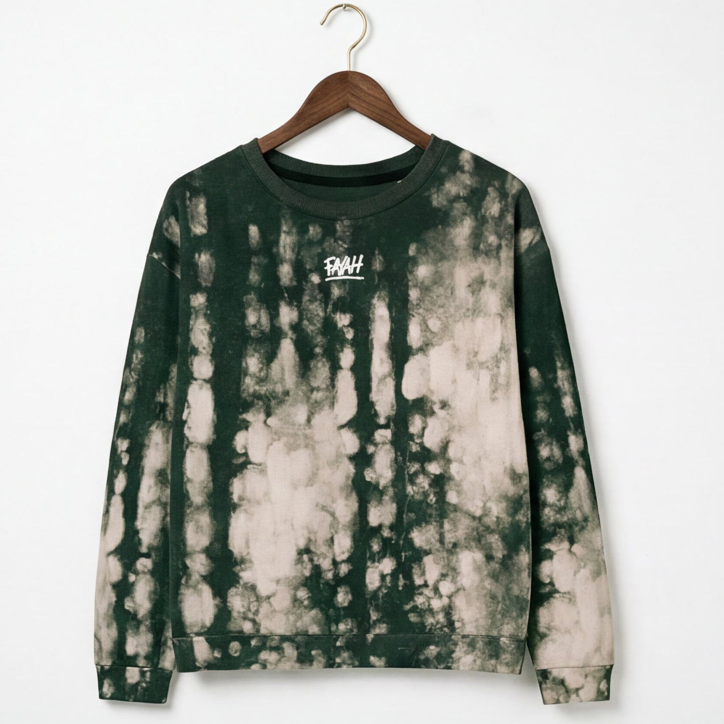 FAMH organic cotton sweatshirt displayed on a hanger, folded, and hanging against a white background.